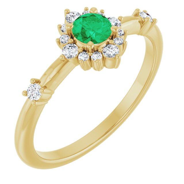 14K Yellow Lab-Grown Emerald & 1/6 CTW Natural Diamond Halo-Style Ring 